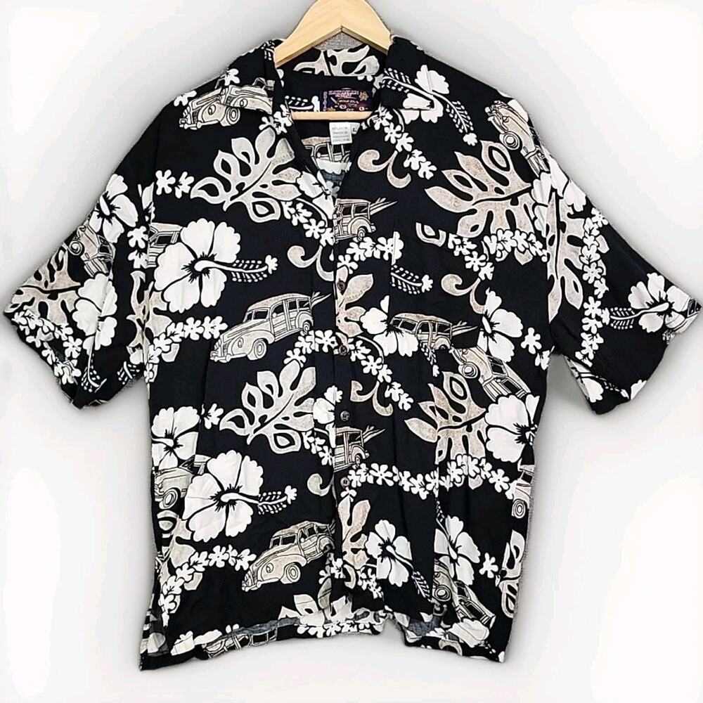 Hawaiian Shirt by Basix - Rayon Large Vintage Surf Car & Flowers Black